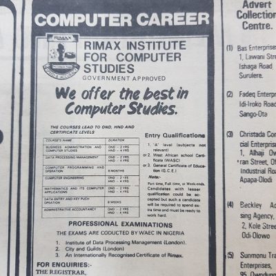 Rimax Institute for Computer Studies Advert